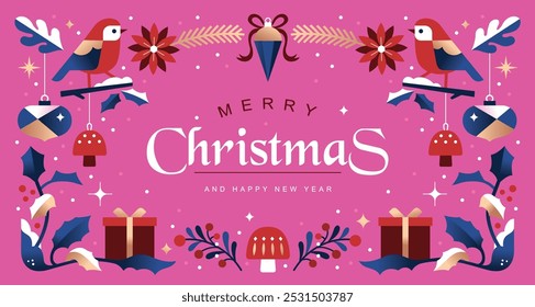 Merry Christmas and Happy New Year  background, banner, poster design with trendy geometric style illustration.