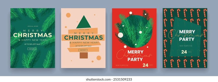 Feliz Natal e Feliz Ano Novo 2025 em cores vermelhas, douradas e verdes. Defina o design moderno para anúncios, Web, mídia social, cartazes, banners, capas. Plano de fundo 3D na ilustração de vetor.