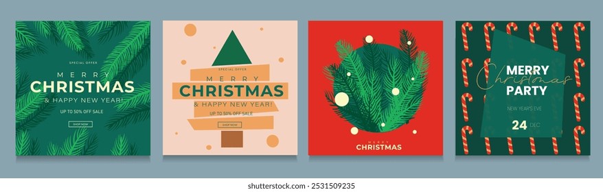 Merry Christmas and Happy New Year  2025 in Red, Gold, Green Colors. Set Modern Design for Advertising, Web, Social Media, Posters, Banners, Covers. 3D Background in Vector Illustration.