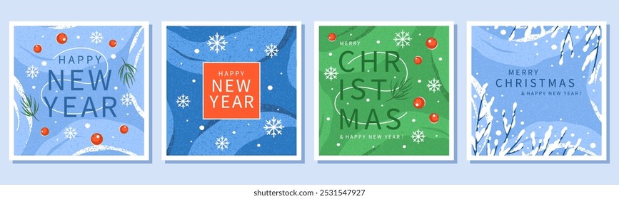 Merry Christmas and Happy New Year greeting card set. Modern beautiful posters templates for winter holidays with trees in the snow. Vector illustration for season banner, cover, advertising, sales.