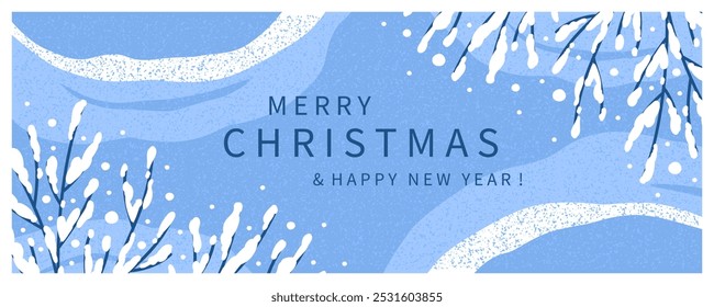 Merry Christmas and Happy New Year greeting card. Modern beautiful poster template for winter holidays with trees in the snow. Vector illustration for season banner, cover, advertising, sales.
