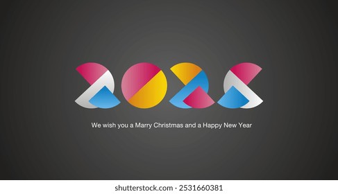 Feliz Natal e Feliz Ano Novo 2025 números abstratos coloridos modernos compostos de quarto e meio círculos ícone do logotipo no fundo preto