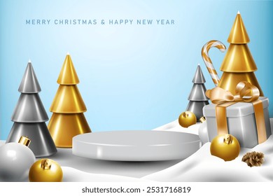 merry christmas and happy new year background with abstract shiny podium, snow and christmas symbols around the stage, product presentation,display and business marketing banner vector illustration.