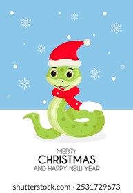 Merry Christmas and Happy New Year snake card. Vector illustration