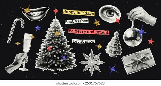 Merry Christmas and Happy New Year. Set of vectors cut out and glitter holiday elements. Trendy decor with halfton effect for a greeting card, collage, cover design.