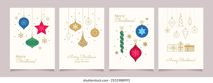 Merry Christmas and Happy New Year Set of greeting cards, posters, holiday backgrounds.
Collection of Christmas minimalist geometric elements. Vector illustration
