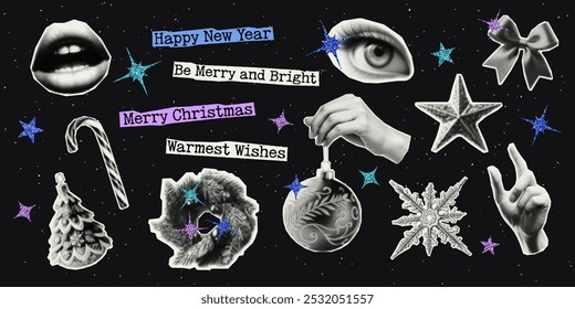 Merry Christmas and Happy New Year. Set of vectors cut out and glitter holiday elements. Trendy decor with halfton effect for a greeting card, collage, cover design.