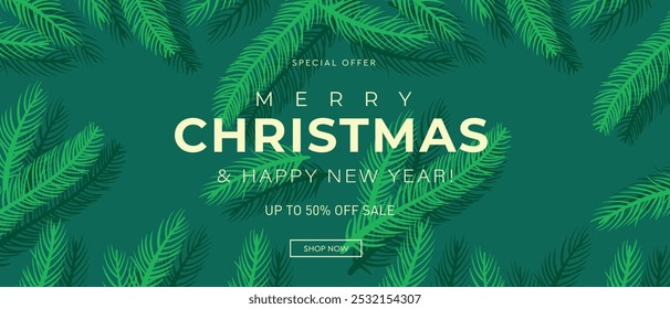 Merry Christmas and Happy New Year 2025 in Green Colors. Set Modern Design for Advertising, Web, Social Media, Posters, Banners, Covers. 3D Background Xmas Design in Vector Illustration.