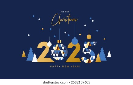 Merry Christmas and Happy New Year banner, greeting card, poster, holiday cover. Modern Xmas design in geometric style with triangle pattern, Christmas tree, ball, snow and 2025 number on night blue 