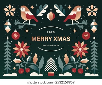 Merry Christmas and Happy New Year  background, banner, poster design with trendy flat style illustration.