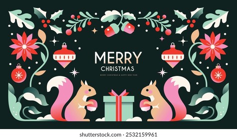 Merry Christmas and Happy New Year  background, banner, poster design with trendy flat style illustration.