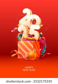 Merry Christmas and happy New year 2025. Open gift box with white number and Christmas decoration. Realistic 3D vector illustration.