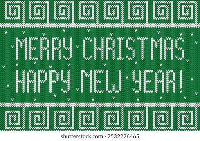 Merry Christmas and Happy New Year Greeting Knitted Embroidery. International seasonal holiday celebration and clothing pattern vector art