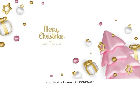 Merry Christmas and happy new year background. Christmas tree, Gift boxes, Christmas balls. Christmas element for web, banners, greeting card, template design.