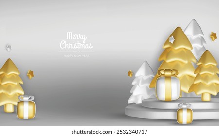 Merry Christmas and happy new year background. Christmas tree, Gift boxes, Christmas balls. Christmas element for web, banners, greeting card, template design.