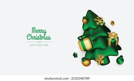 Merry Christmas and happy new year background. Christmas tree, Gift boxes, Christmas balls. Christmas element for web, banners, greeting card, template design.