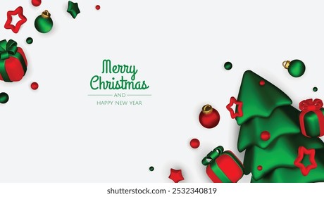 Merry Christmas and happy new year background. Christmas tree, Gift boxes, Christmas balls. Christmas element for web, banners, greeting card, template design.