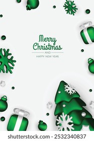 Merry Christmas and happy new year background. Christmas tree, Gift boxes, Christmas balls. Christmas element for web, banners, greeting card, template design.