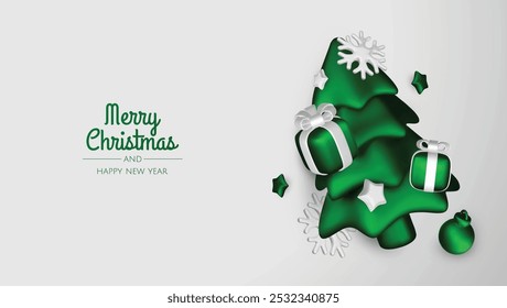 Merry Christmas and happy new year background. Christmas tree, Gift boxes, Christmas balls. Christmas element for web, banners, greeting card, template design.