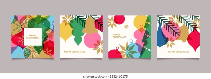 Merry Christmas and Happy New Year Set of greeting cards, posters, holiday backgrounds.
Modern collection of Christmas minimalist geometric elements. Christmas  decorations  in flat design.

