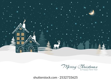 Merry Christmas and Happy new year greeting card. Winter landscape. Houses, Christmas trees and a deer on the background of winter landscape with a starry sky night. EPS10