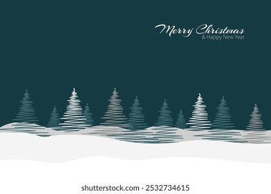 Merry Christmas and Happy new year greeting card. Beautiful snowy winter landscape panorama with forest. EPS 10