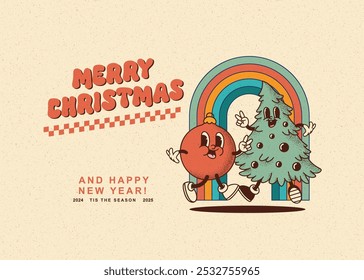 Merry Christmas and Happy New year smiling christmas tree, decorations toy in retro cartoon style