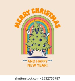 Merry Christmas and Happy New year smiling christmas tree in retro cartoon style