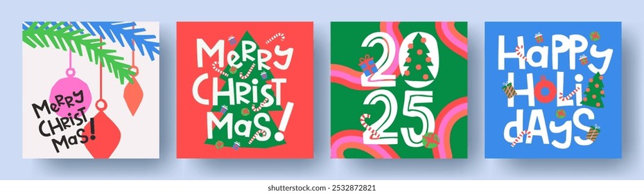 Conjunto de tarjetas de felicitación de feliz Navidad y feliz año Nuevo. Diseño moderno de la tipografía de la Navidad con los Elementos hermosos del doodle, árbol de navidad, regalos, bolas, copos de nieve. Anuncio mínimo, cartel, Plantilla de la cubierta.