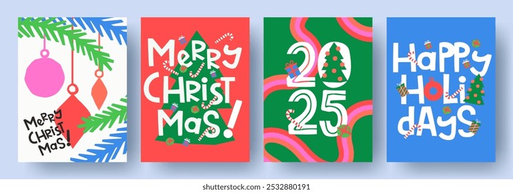 Merry Christmas and Happy New Year greeting card Set. Modern typography Xmas design with beautiful doodle elements, Christmas tree, gifts, balls, snowflakes. Minimal banner, poster, cover template.