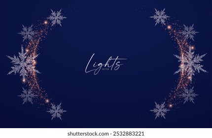 Merry Christmas and Happy New Year design with snowflakes and lights. Shining winter background