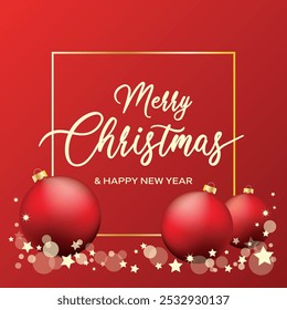 Merry Christmas and Happy New Year greeting card with red baubles vector illustration. Merry Christmas red background with golden frame vector illustration. Template for background, banner, card