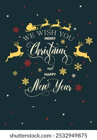 Merry christmas and happy new year minimalist greeting card with lettering, Santa Claus and snow element on dark green vertical background. Gift, poster, flyer and banner. Vector illustration.