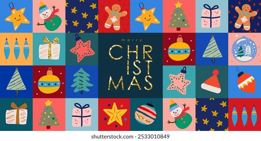 Merry Christmas and Happy New Year! 2025.Vector modern cute illustration of Christmas tree balls, toys, pattern, gift, star, icon, gingerbread for greeting card, frame, banner, postcard, background