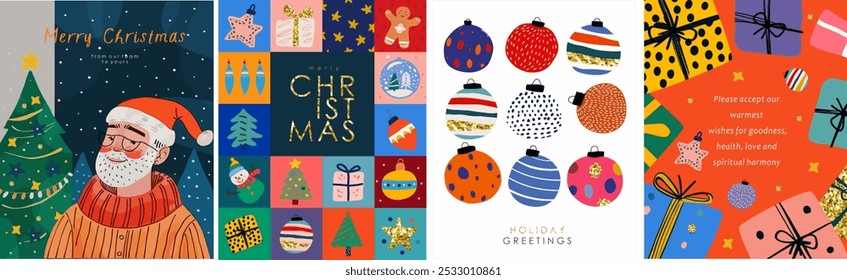 Merry Christmas and Happy New Year! 2025. Vector modern cute illustration of Christmas tree balls, toys, man in Santa hat, gift, frame, icons, for greeting card, postcard, poster, flyer or background