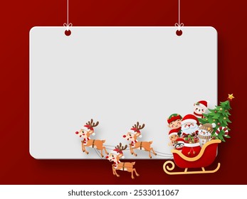 Merry Christmas and Happy New Year, Christmas banner postcard of Santa Claus and friends are on a sleigh with blank space.