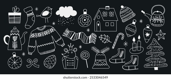 Merry christmas and happy new year cute doodle element background. Hand drawn design with christmas bauble ball, hat, sock, skates, Christmas tree decorations. Illustration for banner, wallpaper, deco
