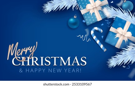 Merry Christmas and Happy New Year greeting card or banner with 3d festive decorations - gift boxes, candy canes, silver confetti, baubles and icy fir branches (Xmas tree) as frame on blue background