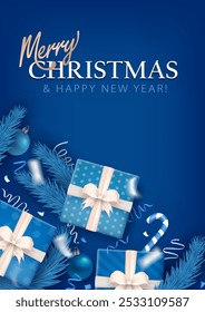 Merry Christmas and Happy New Year vertical greeting card with festive decorations. Modern holiday banner with 3d gift boxes, baubles, confetti, candy canes, icy pine branches on blue background