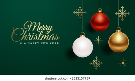 Merry Christmas and a Happy New Year greeting card green background banner. Hanging ornaments and gold star. Elegant holiday vector design in festive red, white, and gold colors.