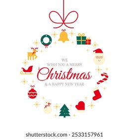 Merry Christmas and a happy new year greeting card or web banner. Vector background with wreath or xmas ball made of festive icons and holiday message