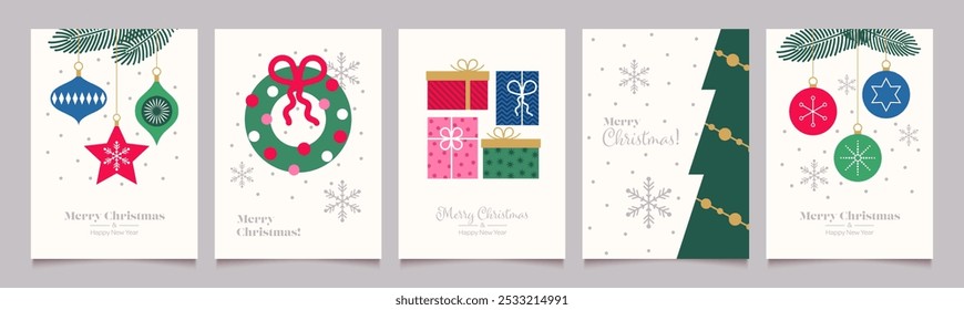 Merry Christmas and Happy New Year Set of greeting cards, posters, holiday backgrounds.
Modern collection of Christmas minimalist geometric elements. Christmas  decorations  in flat design.
