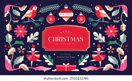 Merry Christmas and Happy New Year  background, banner, poster design with trendy flat style illustration.