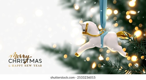 Feliz Natal e Feliz Ano Novo. Ornamento de cavalo branco realista pendurado no ramo de pinheiro verde com luzes de bokeh de Natal brilhantes macias no fundo. Ilustração vetorial