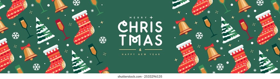 Merry Christmas and Happy New Year greeting banner with holiday attributes. Christmas background. Flat design. Vector illustration