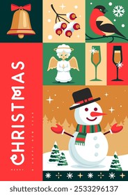 Merry Christmas and Happy New Year greeting card, cover or poster with holiday attributes. Christmas background. Flat design. Vector illustration