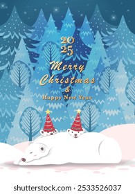 Merry Christmas and Happy New Year greeting card template set with Christmas trees and baby polar bears. Modern Trendy Christmas Cards. Vector Design template. Perfect for poster and banner.