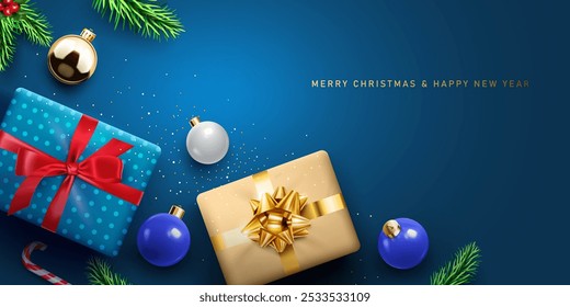 merry christmas and happy new year blue background design template top view.gift boxes and christmas symbols decorative greeting card and banner vector illustration.