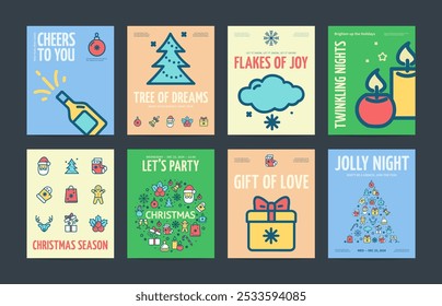 Merry Christmas and Happy New Year Concept Vertical Invitation Placard Poster Banner Card Template Set. Vector illustration of Invitation Xmas