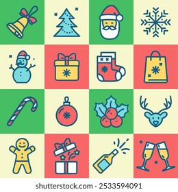 Merry Christmas and Happy New Year Signs Geometric Color Thin Line Icon Set Include of Glass Ball and Branch Mistletoe. Vector illustration of Xmas Icons